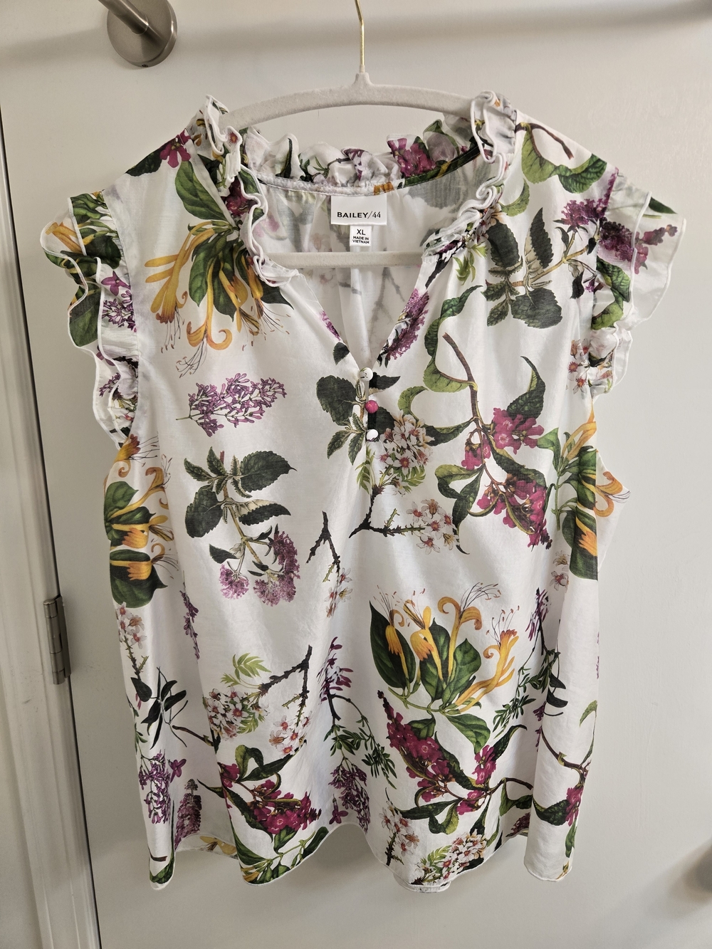 BAILEY/44 Floral Ruffle Sleeve Women's Top - White/Purple/Green XL